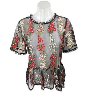 Loveriche Black Mesh Sheer Floral Embroidered Short Sleeve Peplum Blouse Top M